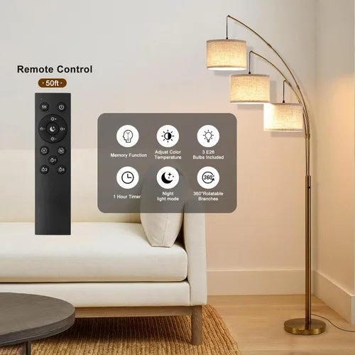 Miniatura 4 de Lámparas de pie doradas para sala de estar, lámpara de pie de arco súper brillante con control remoto, 3 lámparas de pie altas con regulación Sombra