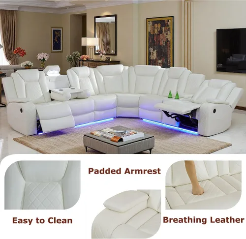 Miniatura 3 de Juegos de Muebles para Sala de Estar, Juego de Sofá Reclinable Eléctrico, Cuero Blanco Vainilla, Seccional de 2 Reclinables con Luz LED