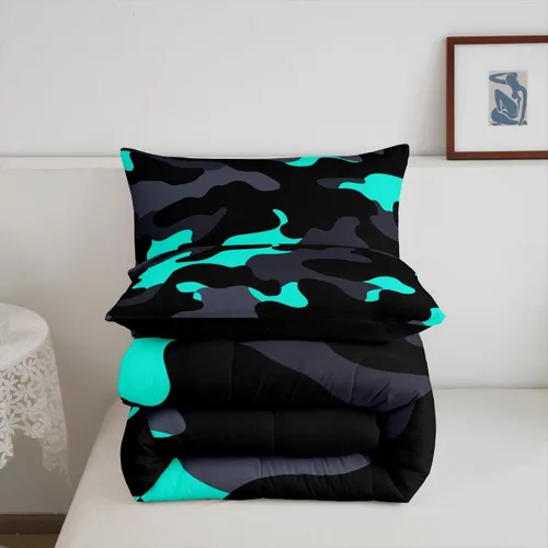 Miniatura 7 de Erosebridal Juego de edredón de camuflaje verde azulado, juego de ropa de cama de camuflaje gris y negro, juego de ropa de cama moderno de arte Camo