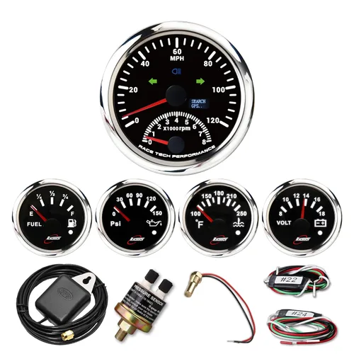 RACETECH Juego de 5 medidores 85 mm (3-3/8") velocímetro GPS 2 en 1 120 MPH tacómetro 8000 RPM luz indicadora y odómetro - 52 mm (2-1/16") medidor