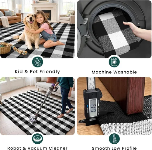 Miniatura 7 de KOZYFLY - Alfombras de área a cuadros de búfalo de 2x3 pies, alfombra a cuadros en negro y blanco lavable, alfombra de puerta delantera tejida a
