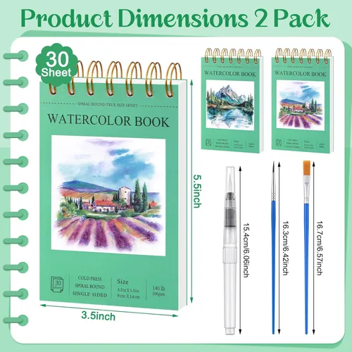 Miniatura 2 de 2 cuadernos de bocetos pequeños de acuarela con pinceles de acuarela, 3.5 x 5.5 pulgadas, 60 hojas de 140 libras/10.58 oz de papel de acuarela