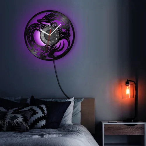Miniatura 7 de Reloj de pared con diseño de dragón de 12 pulgadas, 7 cambios de color, decoración medieval de fantasía, disco de vinilo, reloj de pared de dragones