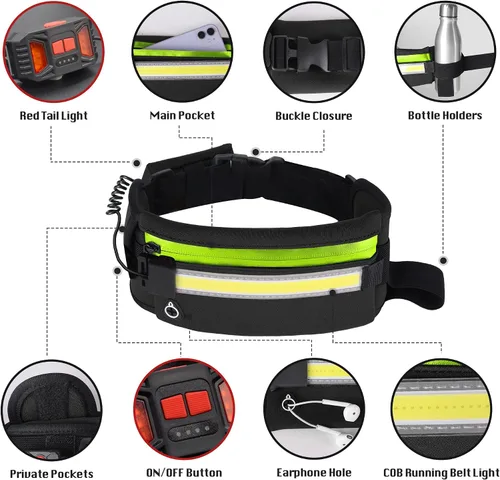 Miniatura 6 de Luz para correr, cinturón de correr de 1000 lúmenes, equipo de correr con luz de noche recargable de 230° para teléfono, bolsa de cintura, luz