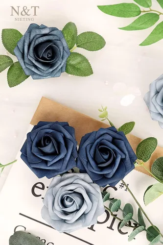 Miniatura 482 de N&T NIETING Flores artificiales, rosas artificiales de color rosa intenso, 50 piezas de flores falsas con tallo para ramos de boda DIY, centros