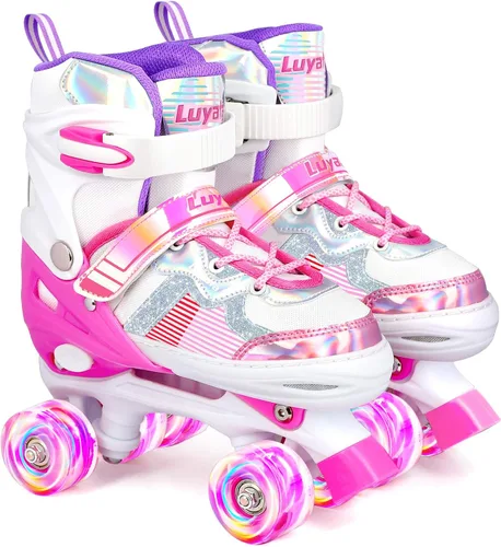 Luyata Patines ajustables para niñas y niños, 4 tamaños de 6 a 12 y 3 a 5 años, patines para niños con 8 ruedas brillantes que se iluminan, 3 Rosa
