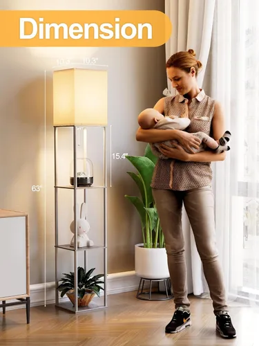 Miniatura 4 de Lámpara de pie con estantes para sala de estar roble gris, lámpara de pie con estante con bombilla LED de 3 CCT, lámpara de columna de pie de Gris