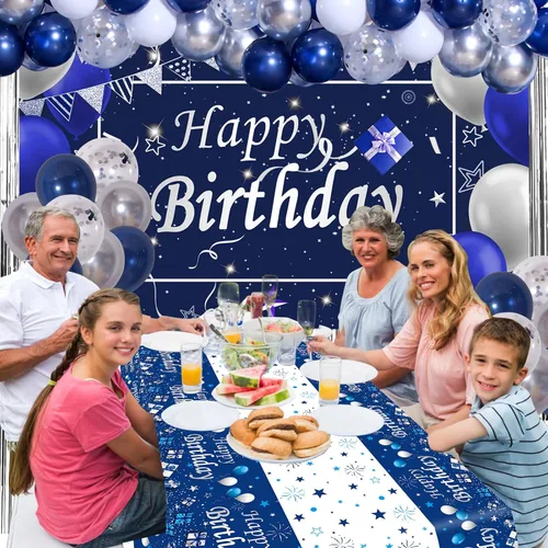 Miniatura 7 de Decoraciones de cumpleaños azules para hombres, decoraciones de feliz cumpleaños para hombres, mujeres, niños, decoración de fiesta, telón de fondo
