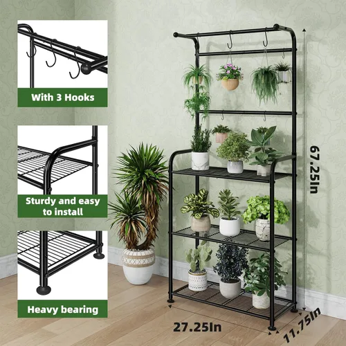 Miniatura 6 de Ekisemio Soportes para plantas al aire libre con ganchos, estantes altos de metal para plantas de interior para macetas colgantes, color negro