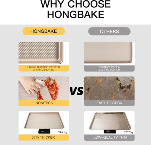 Miniatura 2 de Media Bandeja para Galletas para Hornear - HONGBAKE Bandeja para Hornear Antiadherente con Superficie de Textura de Diamante, Bandejas para Galletas