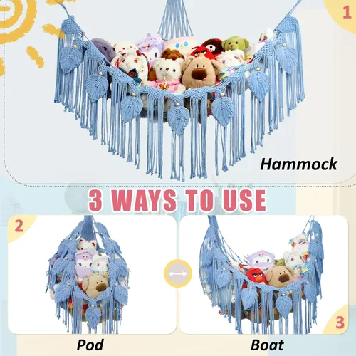 Miniatura 3 de Hamaca de animales de peluche, red de peluche en la esquina para almacenamiento de animales de peluche, red montada en la pared, organizador de Azul