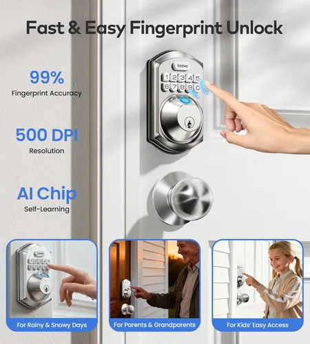 Miniatura 5 de TEEHO TE012W-K - Cerradura de puerta de entrada inteligente sin llave WiFi con asa, perilla de puerta de huellas dactilares y teclado digital