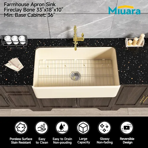 Miniatura 30 de Miuara Fregadero de Granja Negro de 33 Pulgadas - Fregadero de Cocina Grande de Frente con Delantal Tazón Individual 33"x18"x10", Instalación Bajo