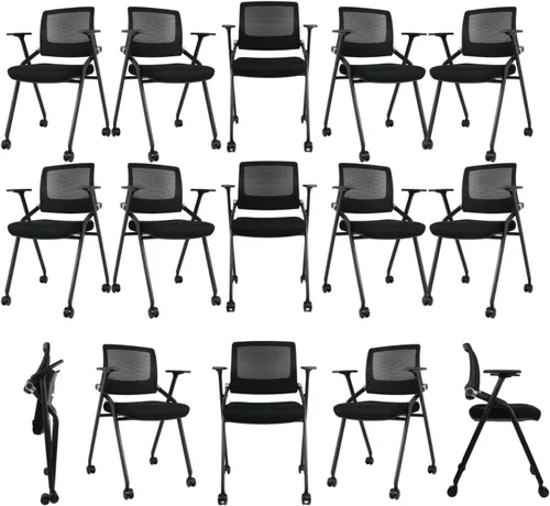 Miniatura 11 de Paquete de 2 sillas de oficina plegables con ruedas, respaldo de malla, brazos y portátiles, sillas de oficina plegables para silla de sala de Negro
