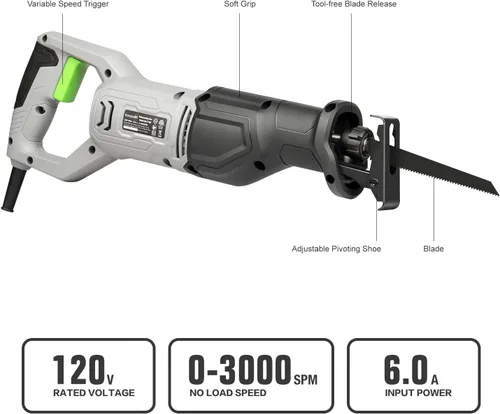Miniatura 4 de Sierra de vaivén, sierra recíproca con cable de velocidad variable de 6 amperios 3000SPM con longitud de carrera de 4/5 pulgadas, profundidad