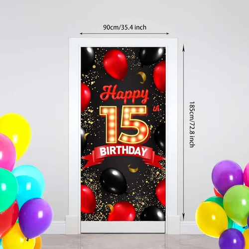 Miniatura 2 de Cartel de feliz cumpleaños número 15 rojo y negro, globos de fondo para decoración temática para niñas y mujeres, princesas de 15 años, suministros