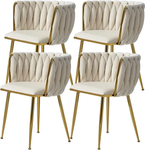 Miniatura 22 de Juego de 2 sillas de comedor de terciopelo, modernas sillas de comedor tapizadas con patas de metal dorado y respaldo tejido para comedor, cocina