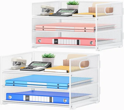 Miniatura 9 de SUBEKYU 2 paquetes de organizador de bandejas de cartas de 3 niveles para escritorio, organizador clasificador de archivos de malla metálica negra