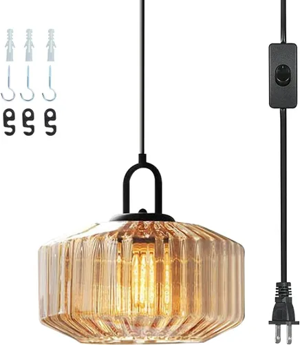Miniatura 22 de Lámpara colgante enchufable de cristal azul, lámpara colgante dorada de altura ajustable con interruptor de encendido/apagado de cable de 14.7 pies