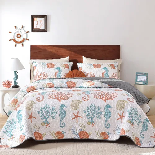 Miniatura 11 de DJY Beach Quilt Set Queen Size,3 Piece Coastal Ocean Summer Bedspread Coverlet Set with 2 Pillow Cases Lightweight Soft Microfiber Nautical Bedding