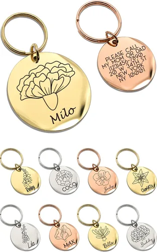 MignonandMignon Etiquetas de identificación personalizadas para perros, collar para mascotas, accesorios de flor de nacimiento y nombre, regalo del
