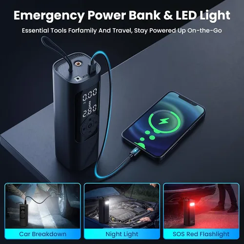 Miniatura 5 de FamilyKit Compresor de aire portátil para inflador de neumáticos, bomba de aire inalámbrica de 6000 mAh, 150 PSI, inflado rápido 24L/min, 4 modos