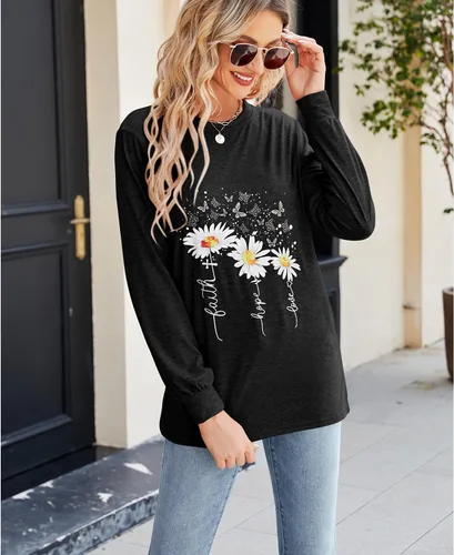 Miniatura 2 de Camiseta casual de manga larga para mujer, divertida, con estampado de girasol, abertura lateral, ajuste holgado
