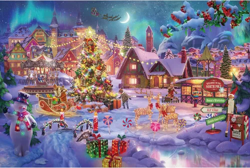 Miniatura 9 de Lavievert Rompecabezas de 1000 piezas para adultos – Noche nevada, aurora, árbol de Navidad, muñeco de nieve, trineo, escultura de hielo y ciervo