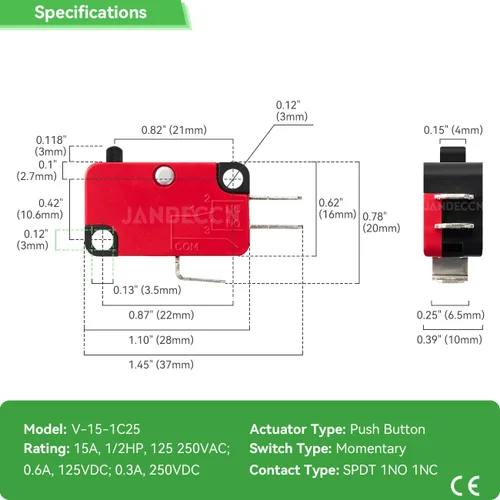 Miniatura 4 de 10 piezas Interruptor de límite de plomo, micro interruptor de acción Snap SPDT 1NO 1NC V-15-1C25