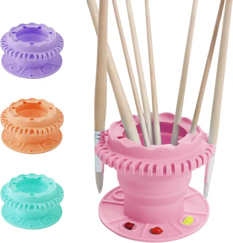 SESENSE Limpiador de pinceles de pintura – Limpiador de pinceles de silicona plegable con paleta y soporte de almacenamiento de 40 pinceles para Rosa