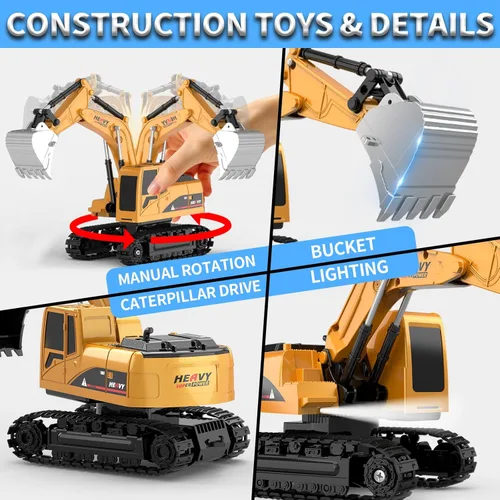 Miniatura 4 de MQDMINI Juego de juguetes de excavadora y camión volquete con control remoto, vehículos de construcción RC con barricadas, señales de tráfico, rocas