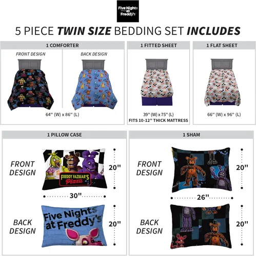 Miniatura 4 de Franco - Juego de edredón y sábanas supersuaves con funda para niños, 5 piezas, tamaño individual, Five Nights At Freddy's Cinco noches en Freddy's