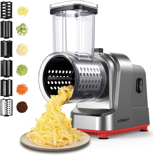 Rallador Eléctrico de Queso, Preparador de Ensaladas con 6 Formas Diferentes de Cuchillas, Rebanadora Trituradora Eléctrica de 250W, Máquina