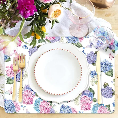 Miniatura 4 de Tarklanda 6 manteles individuales florales de plástico, 11 x 15.7 pulgadas, manteles de vinilo lavables para primavera y verano con hortensias