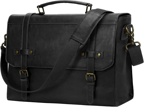 Miniatura 10 de RAINSMORE Bolsa de mensajero para hombre de 17 pulgadas, impermeable, de piel vintage, maletín para laptop, bolsa grande para laptop, bolsa de Marrón