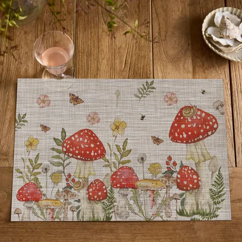 Miniatura 7 de Artoid Mode Juego de 4 manteles individuales beige con diseño de hongos y polilla y flores, 12 x 18 pulgadas, tejido de plástico, lavable
