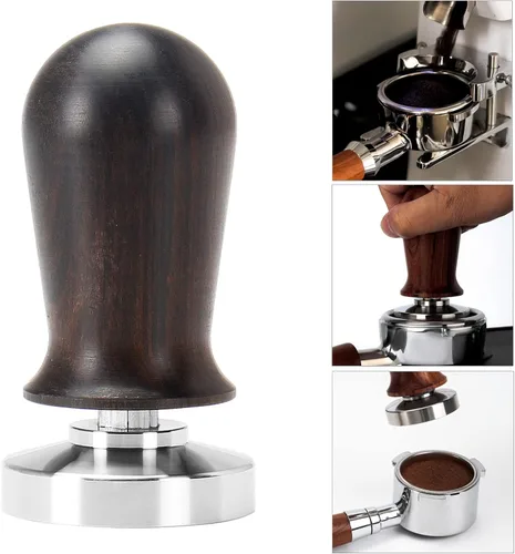 Miniatura 4 de DIBTSA Manipulador de café expreso de 2.008 in, con mango de madera y base plana de acero inoxidable 304 con resorte