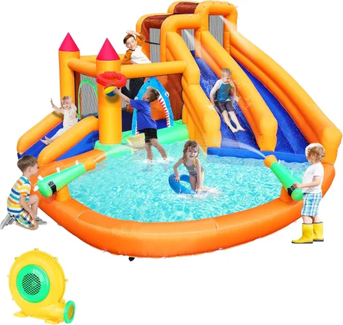 Casa inflable de rebote, tobogán acuático triple para niños con doble cañón, pared de escalada, salto, piscina de chapoteo, aro de baloncesto para