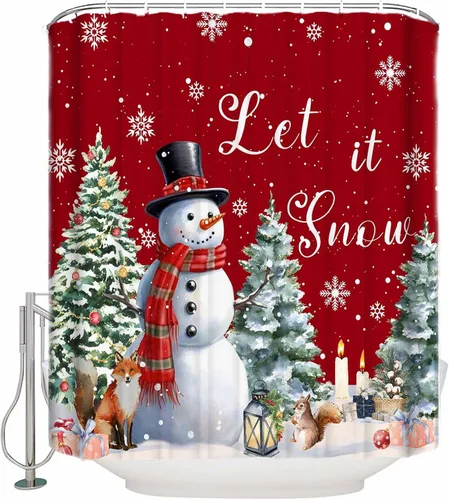 Miniatura 12 de Cortina de ducha con diseño de cardenales de muñeco de nieve para baño, casa de nieve de Navidad, pájaros rojos, lindo muñeco de nieve, sombrero