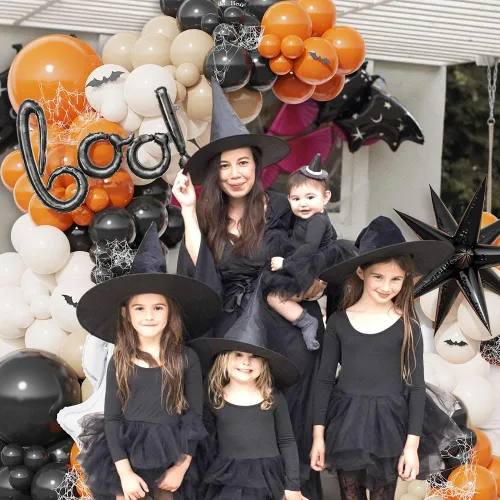 Miniatura 5 de Kit de arco de guirnalda de globos de Halloween Little BOO, 151 piezas de globos de látex blanco retro naranja quemado negro con globo de aluminio