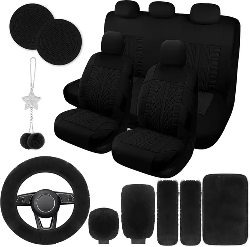 Juego completo de 17 fundas de asiento de coche para mujeres, funda universal para asiento de coche, funda de volante de felpa, funda de freno de