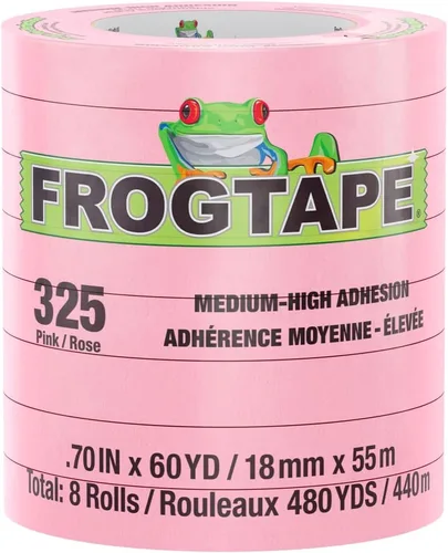 FrogTape Cinta adhesiva rosa de alta temperatura 325, grado de rendimiento, adherencia media-alta, 0.709 in x 180.4 ft, 8 rollos por paquete