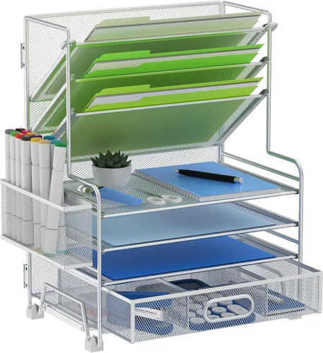 Miniatura 10 de MINDEPOT Organizador de papel de 4 niveles + soporte para archivos de 3 bolsillos + cajón + soportes para bolígrafos, organizador de archivos