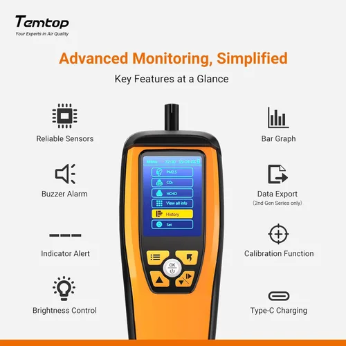 Miniatura 4 de Temtop Monitor avanzado de calidad del aire para CO2, PM2.5, PM10, con alarma de audio, información de temperatura y humedad, además de exportación
