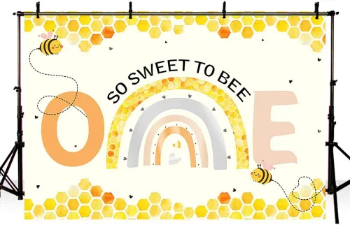 Miniatura 4 de AIBIIN Telón de fondo de 7 x 5 pies para niña, decoración de fiesta de primer cumpleaños de abeja, fondo de fotografía, fondo bohemio, arco iris