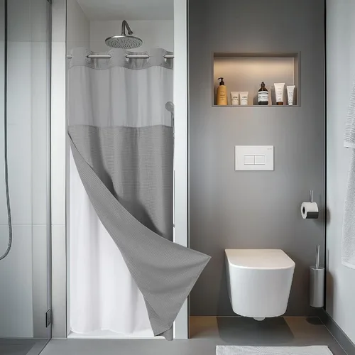 eachope Cortina de ducha gris sin gancho con forro de repuesto a presión, tela impermeable de 230 GSM, juego de cortina de ducha para hotel, para