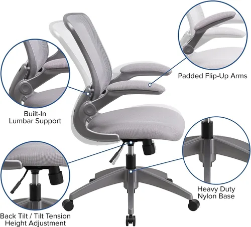 Miniatura 5 de Flash Furniture Kale Silla de oficina ergonómica giratoria de malla gris con marco gris y brazos abatibles