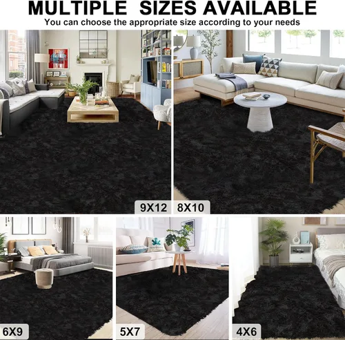 Miniatura 9 de Alfombra negra lanuda para sala de estar o dormitorio, ultra suave y esponjosa, alfombra peluda de 4 x 6 pies, alfombra de noche de felpa