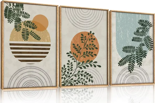 FWIEXA Juego de Arte de Lienzo Bohemio Enmarcado para Pared, Cuadros Botánicos Verde Salvia Decoración de Pared, Impresiones de Arte de Plantas