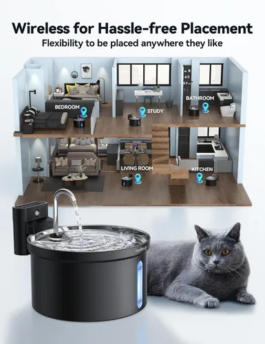 Miniatura 2 de Fuente de agua inalámbrica para gatos [Separación de agua y batería] FEELNEEDY Fuente para gatos operada por batería de 4000mAh, fuente